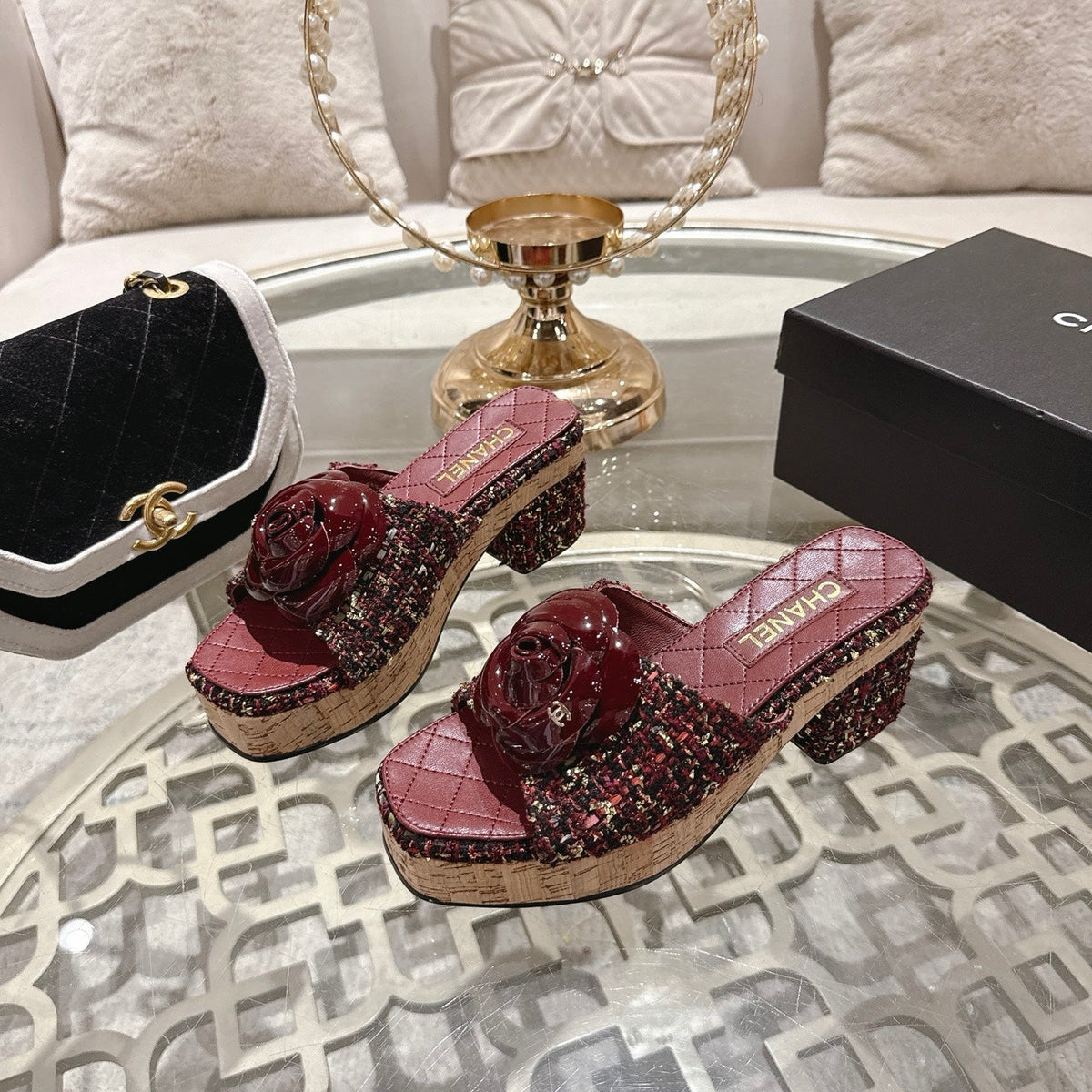 CC 26s Camellia Platform Slippers 65 Burgundy Multicolor Tweed Leather 627053