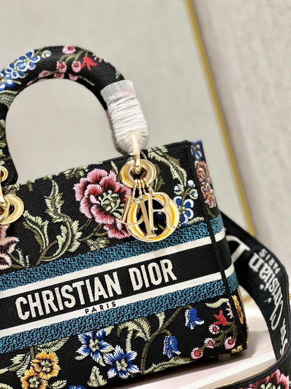 CD Flower Black Lady Dior Bag Canvas 336670