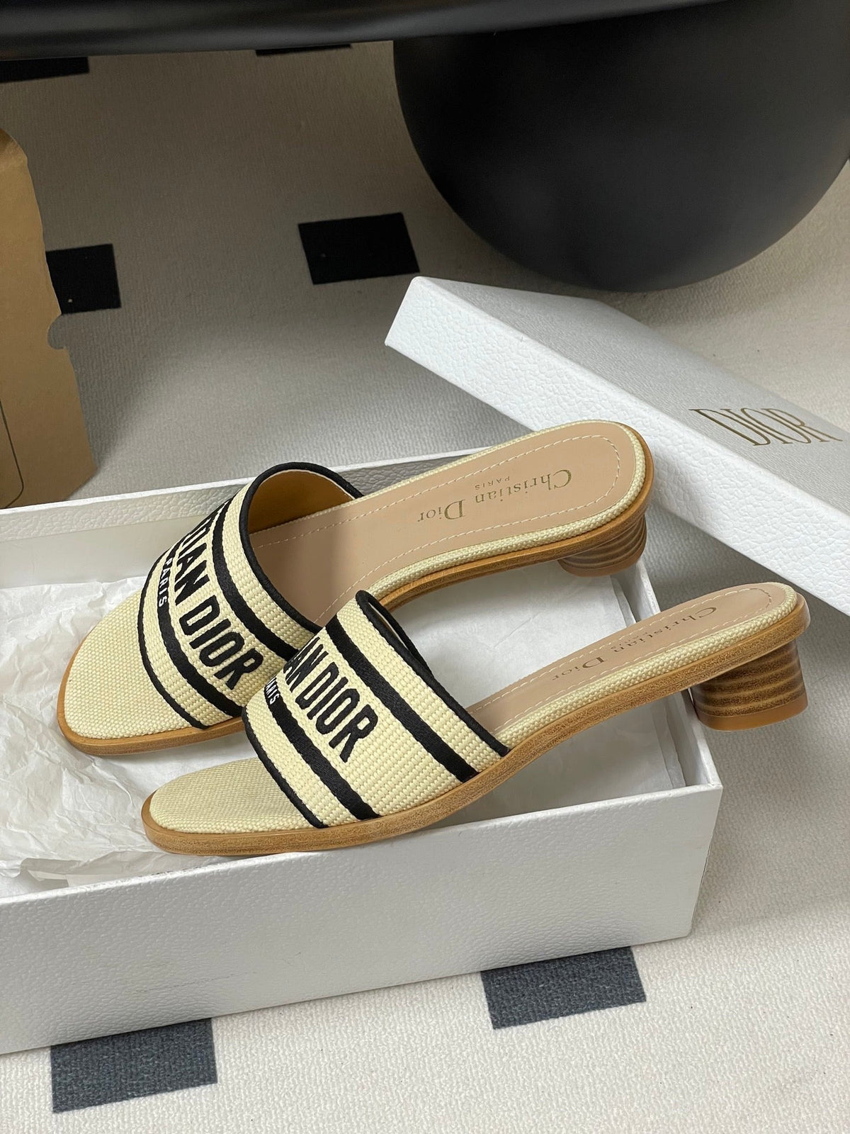 CD Dway Heeled Slide 35mm Natural Raffia and Deep Blue Embroidered Cotton