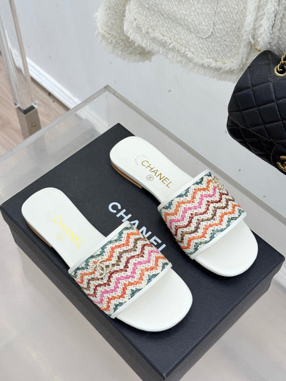 CC 2026 Knitted Double C Flat Slippers Multicolor Woven Sheepskin