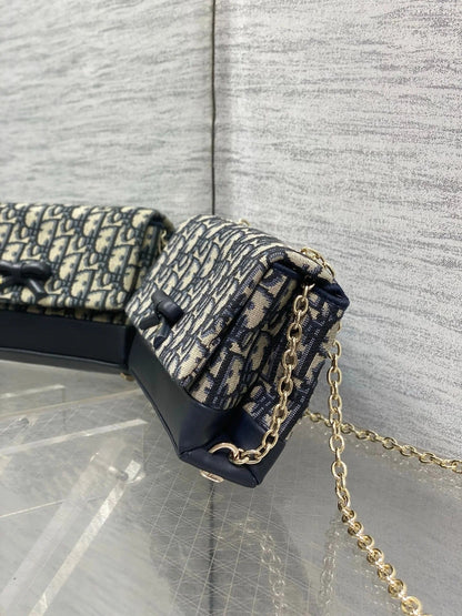 Dior 2026 Oblique Bow Bag 21cm Blue Beige Fabric Leather 378809