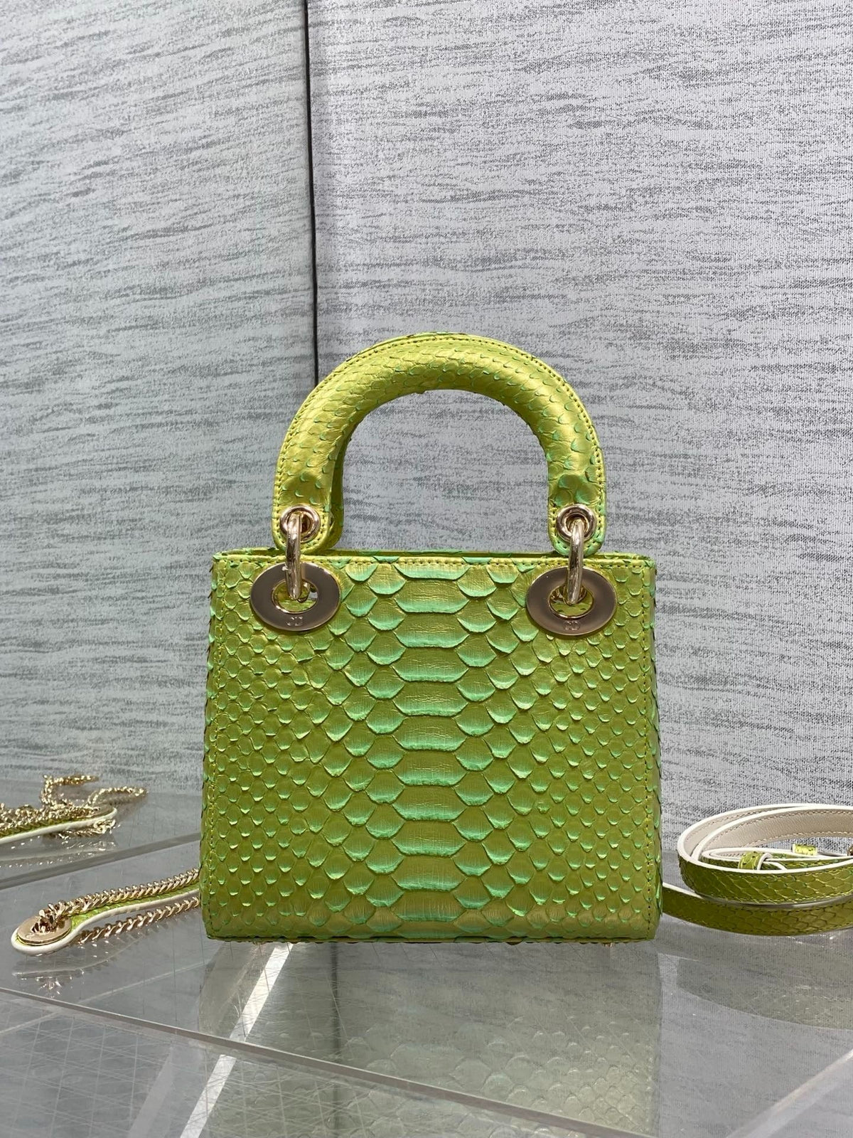Dior 2026 Lady Embossed Snake Skin Bag 17cm Green Leather 378810