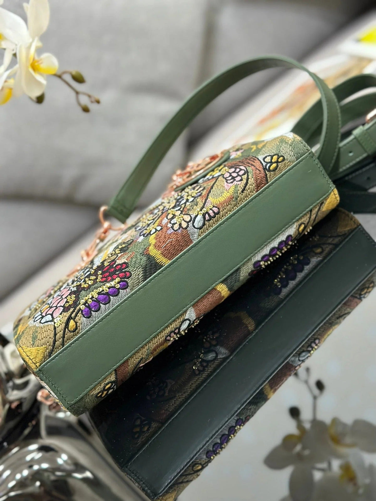 Dior 2026 Embroidered Floral Bag 26cm Green Mix Colors Fabric Leather 158565