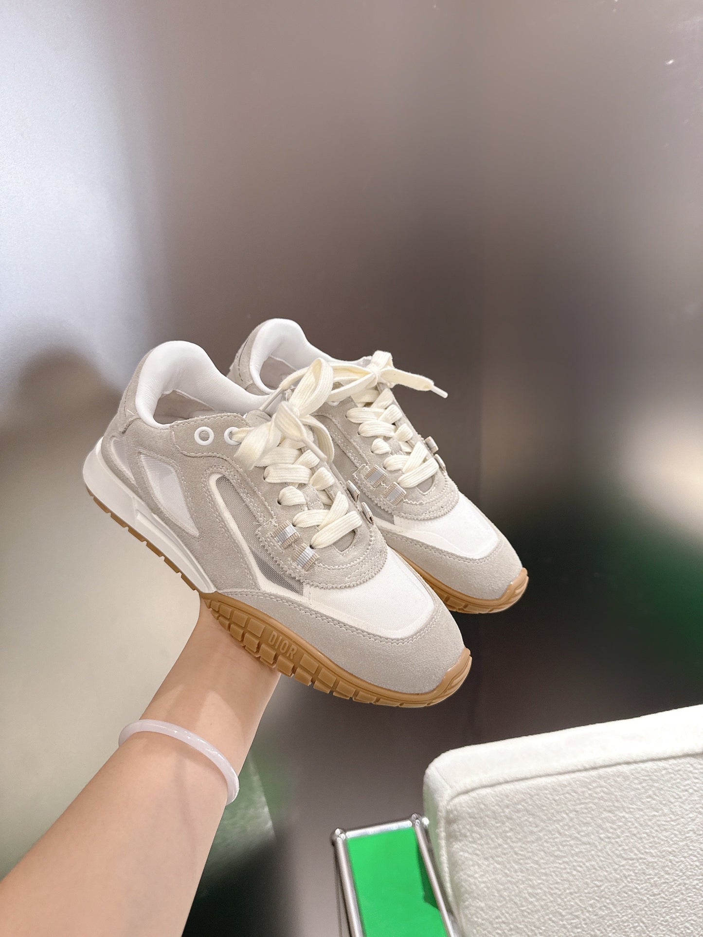 CD Tech Sneakers White Pale Taupe Cowhide Mesh Suede 562671