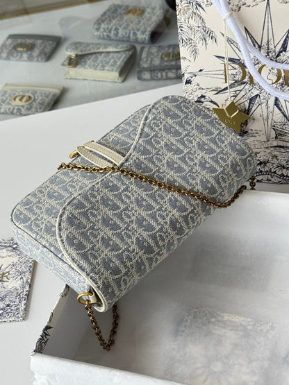 CD Medium Saddle Pouch with Chain 21.5cm White Grey Jacquard Cowhide GHW
