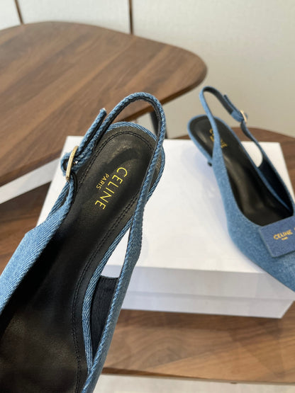 Celine 26  Pointed-Toe Slingback Blue Denim 624685