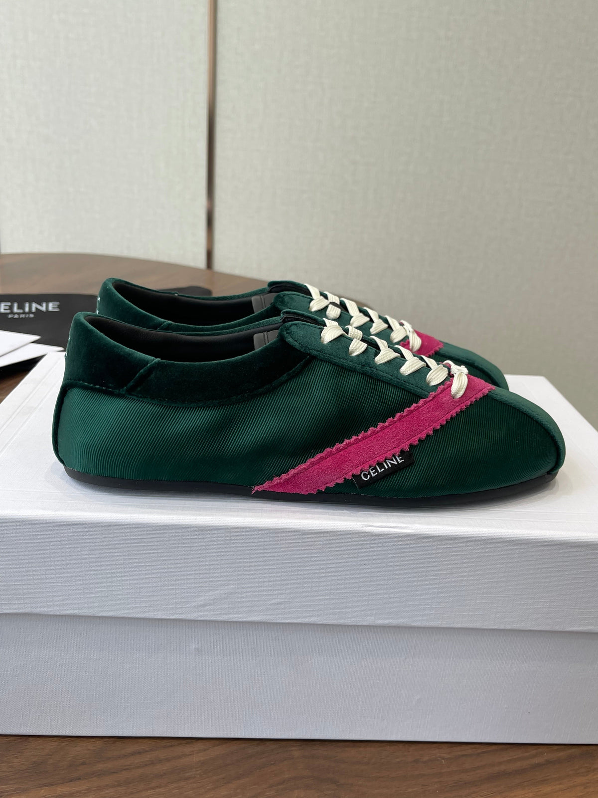 Celine 26 Flat Sneaker Dark Green Pink Canvas Suede 624715