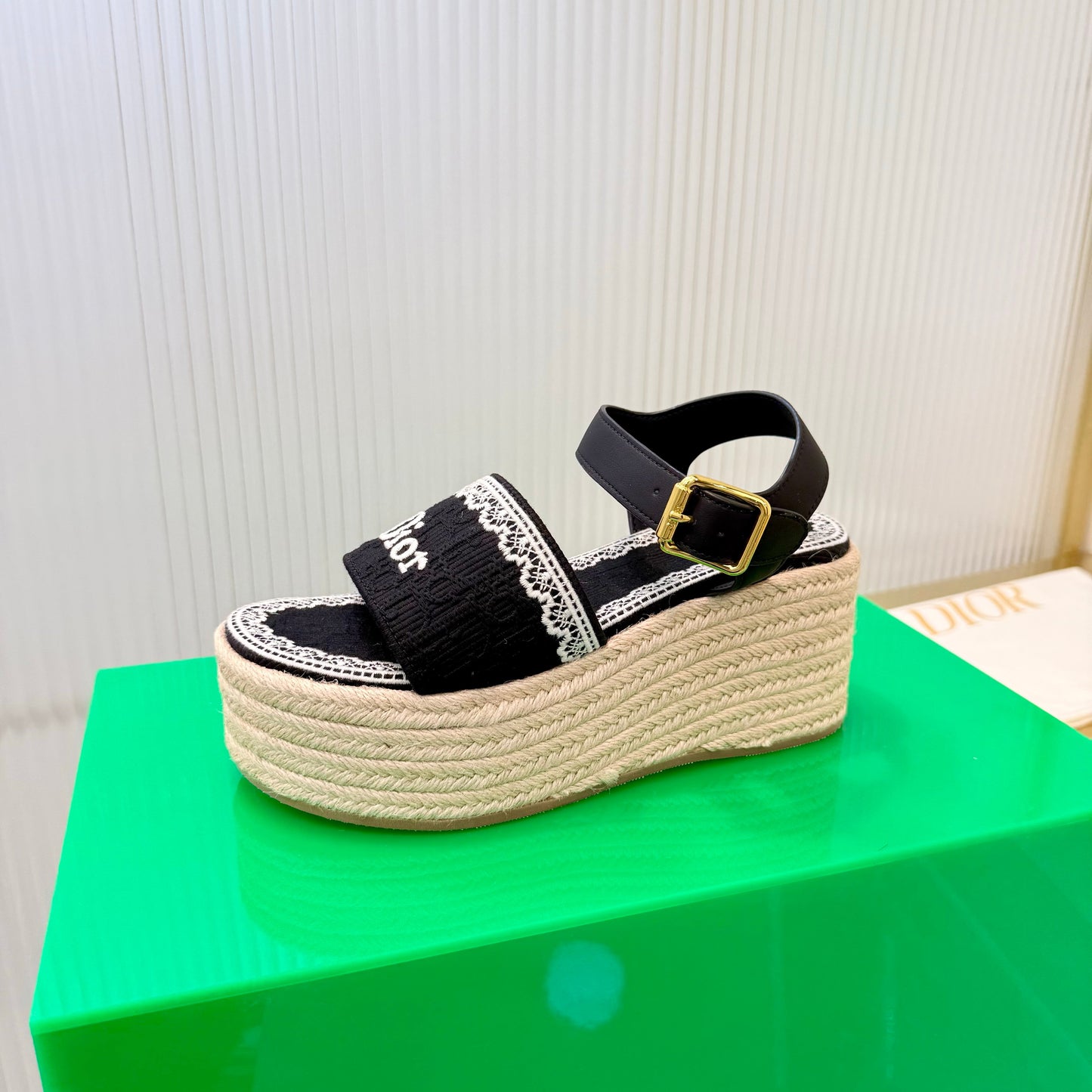 CD Dentelle Wedge Sandals Black Cotton 832468