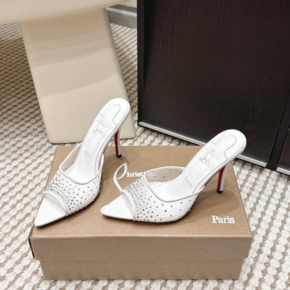 CL 26SS High-Heeled Slippers 100 White Mesh Rhinestone Leather 658052