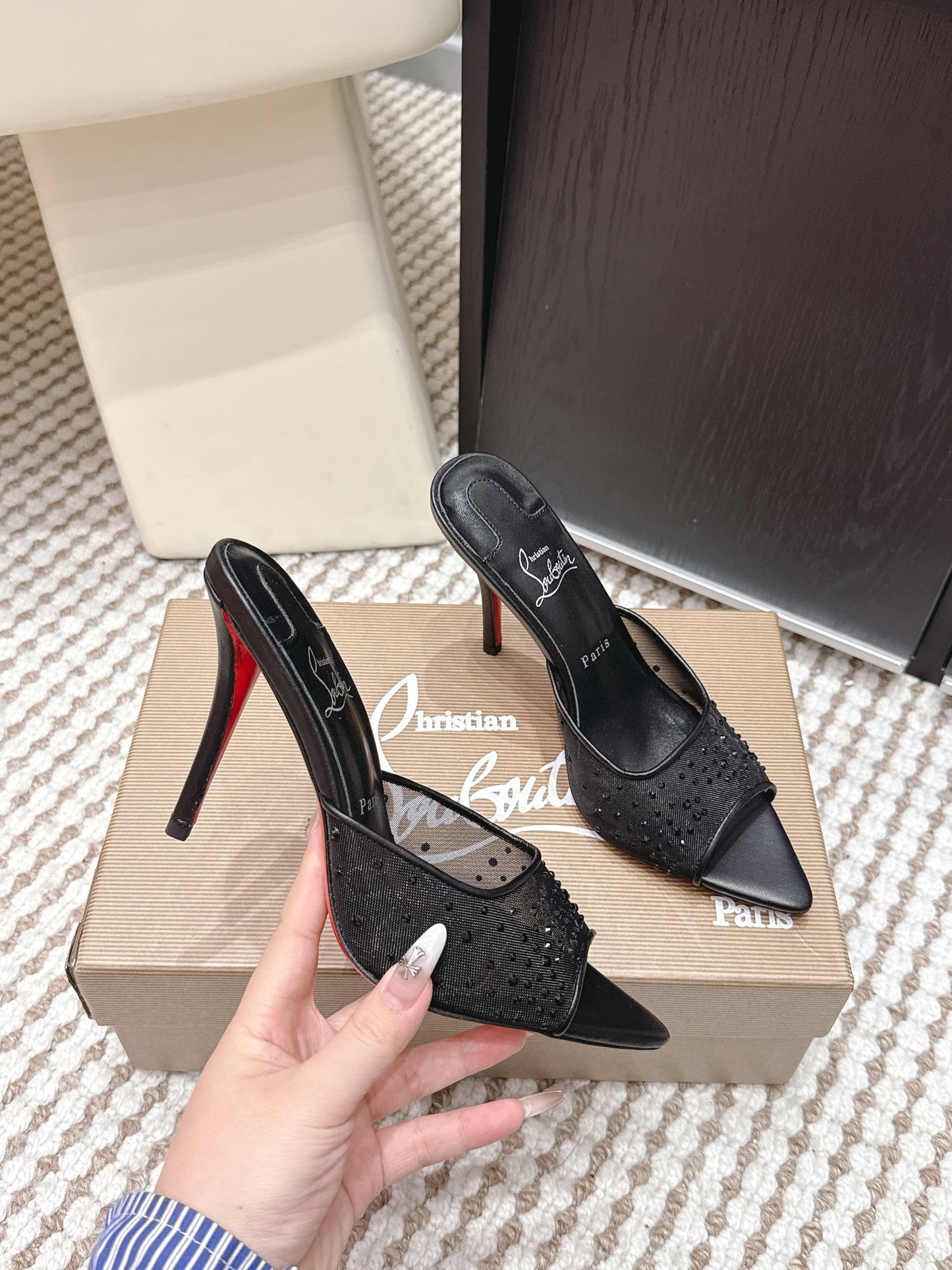 CL 26SS High-Heeled Slippers 100 Black Mesh Rhinestone Leather 658054
