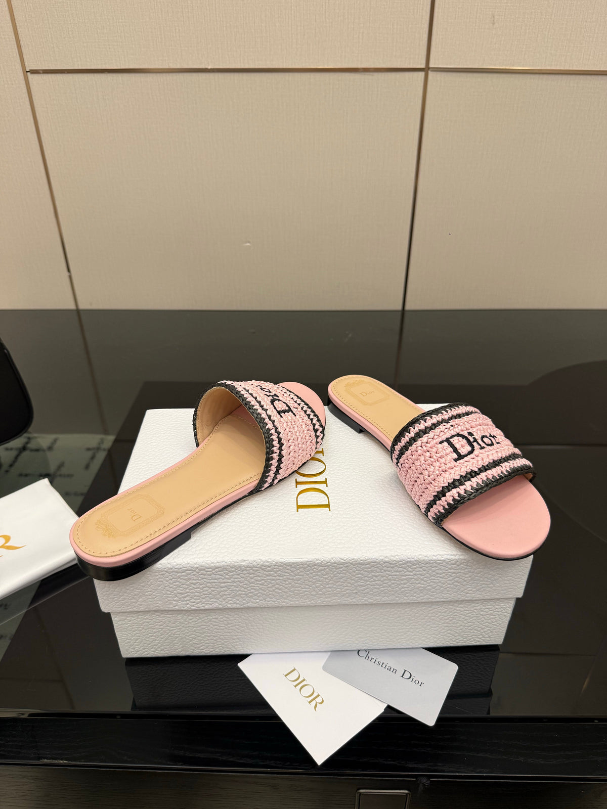 CD Dioriviera Woven Slides Pink Fabric Goatskin 828259