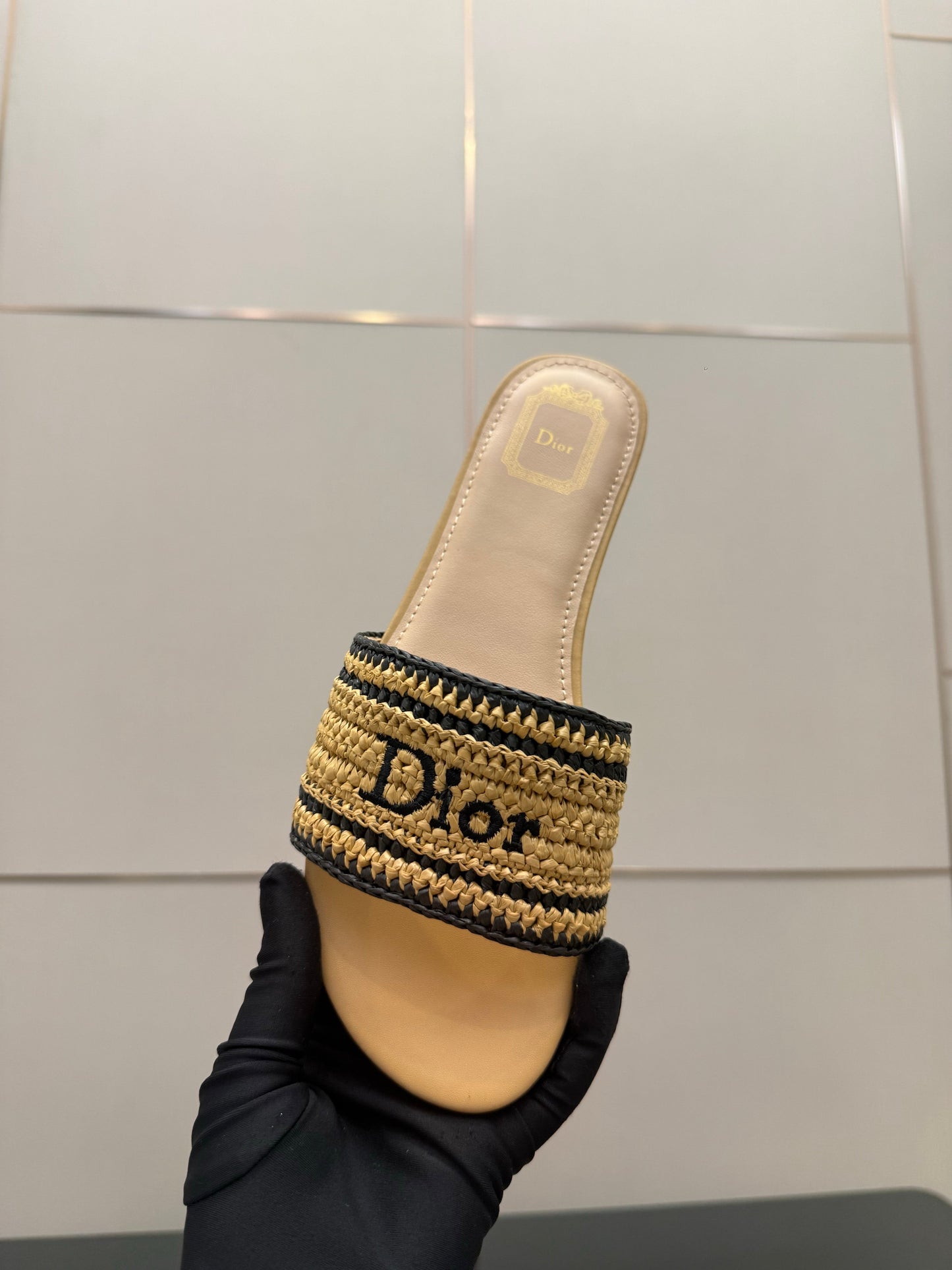 CD Dioriviera Woven Slides Beige Fabric Goatskin 828264