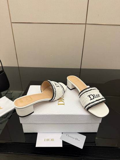 CD Dioriviera Woven Slides 4cm White Fabric Goatskin 828265