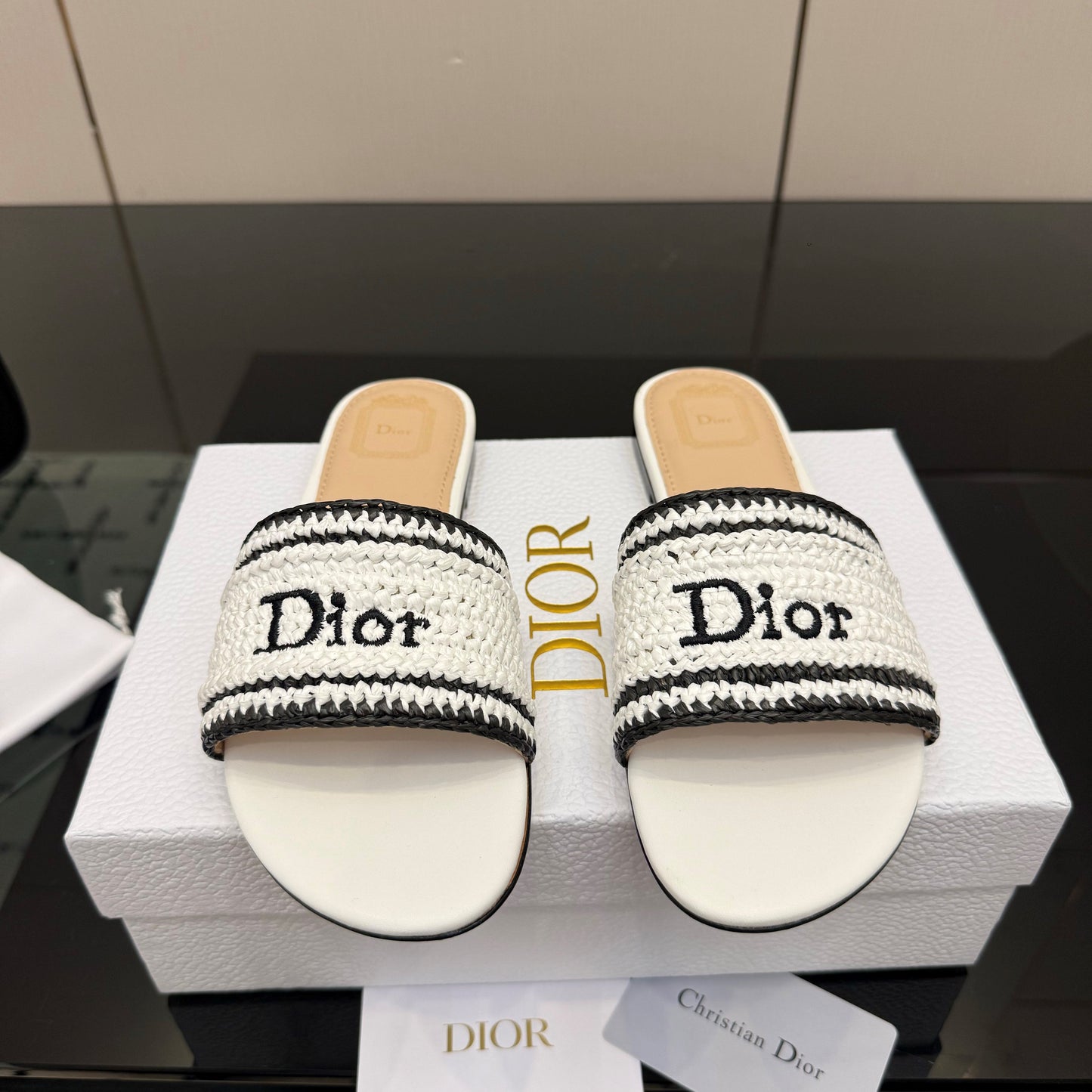 CD Dioriviera Woven Slides White Fabric Goatskin 828267