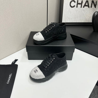 CC 26s Casual Sneakers Rhinestones Black Mesh Sheepskin 626362