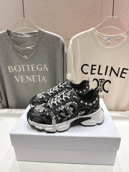 CD 25s Sneaker In Black Lambskin And Mesh Fabric With Pearl Detailing