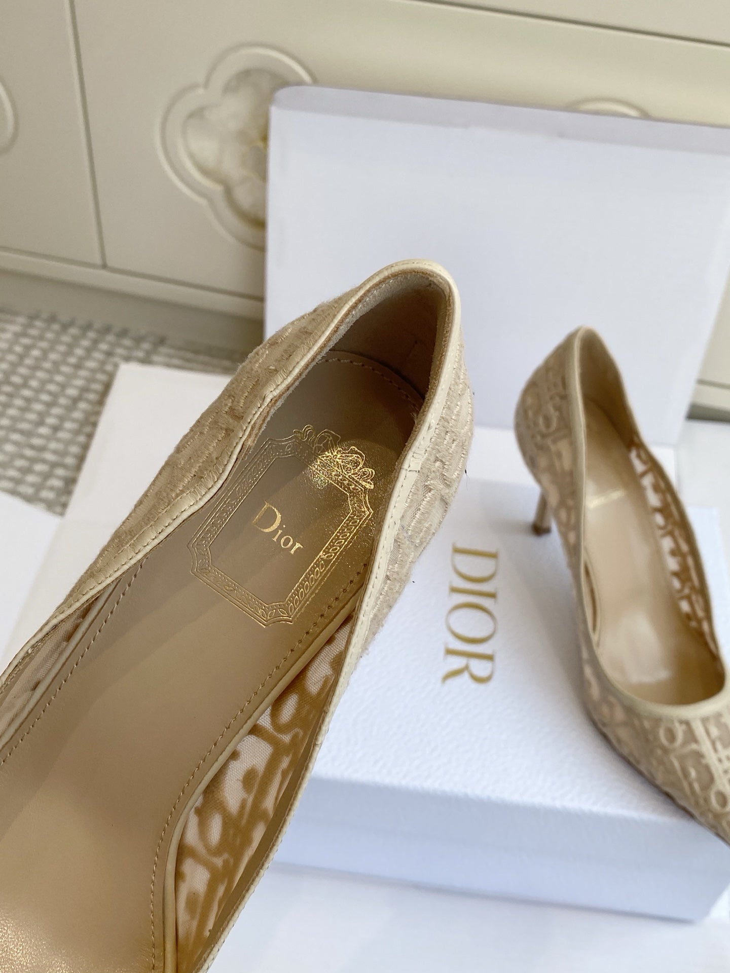 CD 26s Adioable Pump 8cm Monogram Beige Mesh Lambskin 909644