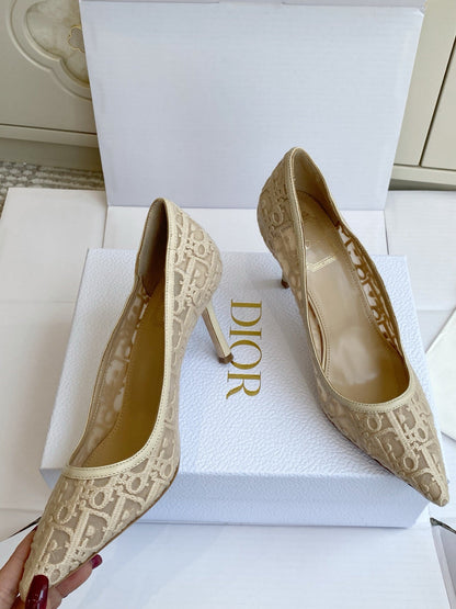 CD 26s Adioable Pump 8cm Monogram Beige Mesh Lambskin 909644