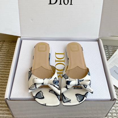 CD 26s Bow Kitten Flat Open Back Sandals White Blue Lambskin 909652