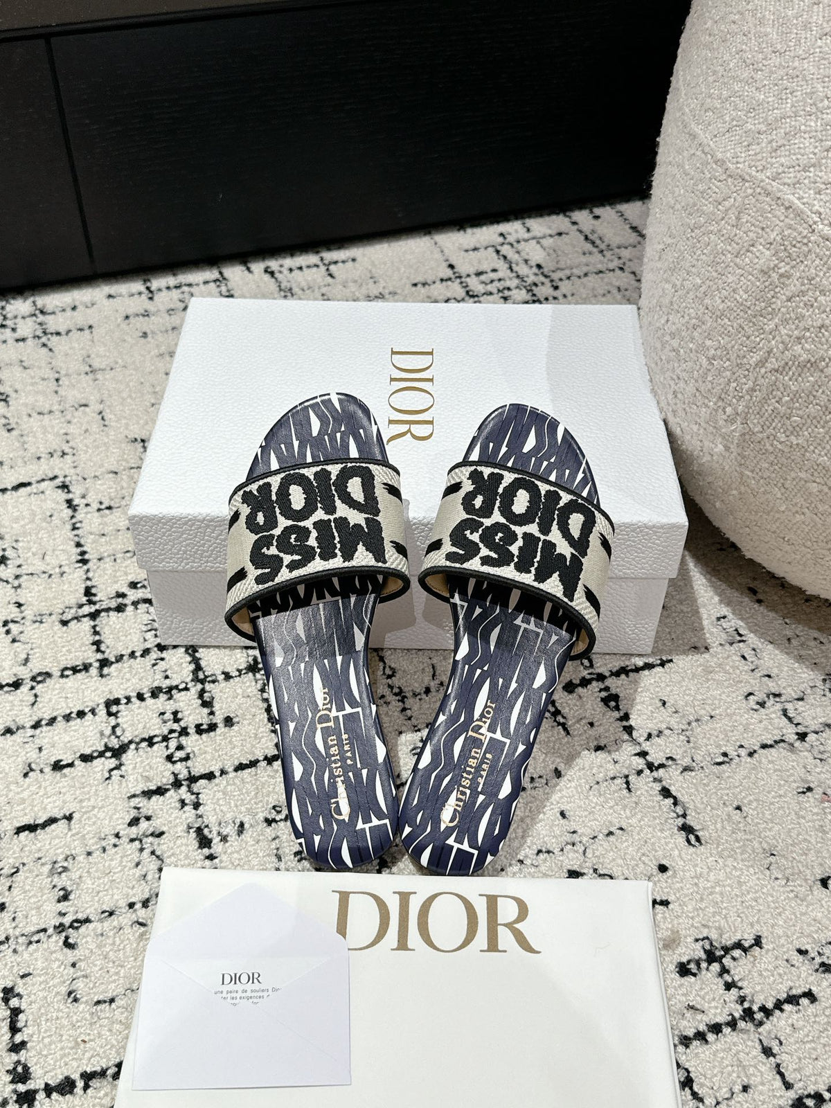 CD Dway Slide Deep Blue Mix White Black Embroidered Cotton
