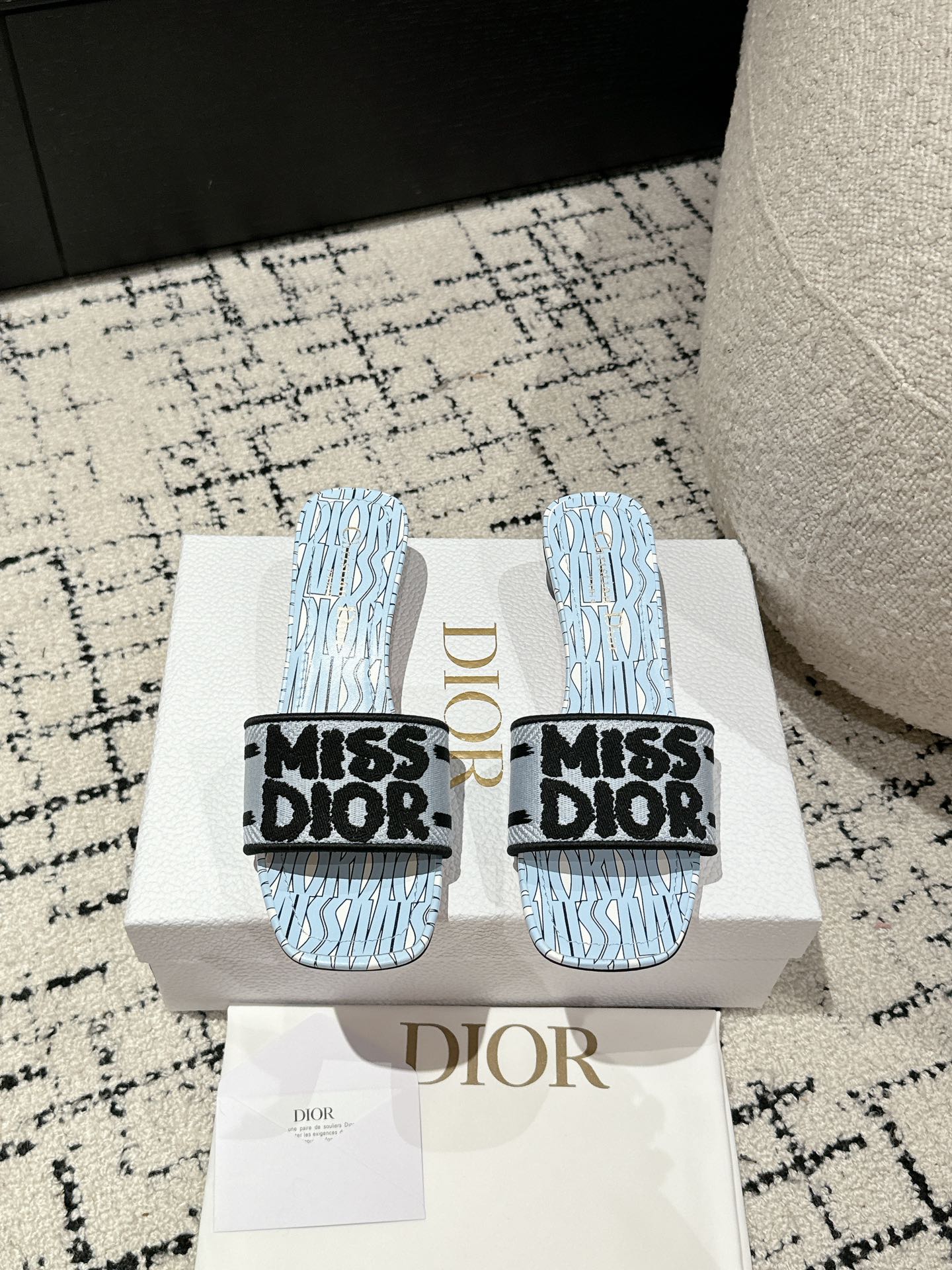 CD Dway Heeled Slide Blue Black Embroidered Cotton