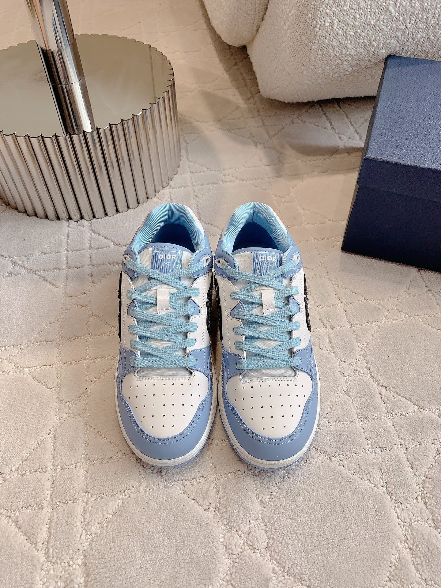 CD B57 Mid-Top Sneaker White Mix Light Blue Calfskin And Oblique Jacquard