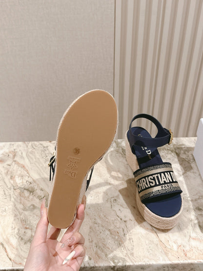 CD Dway Wedge  Sandal 85mm Deep Blue Calfskin and Embroidered 483077