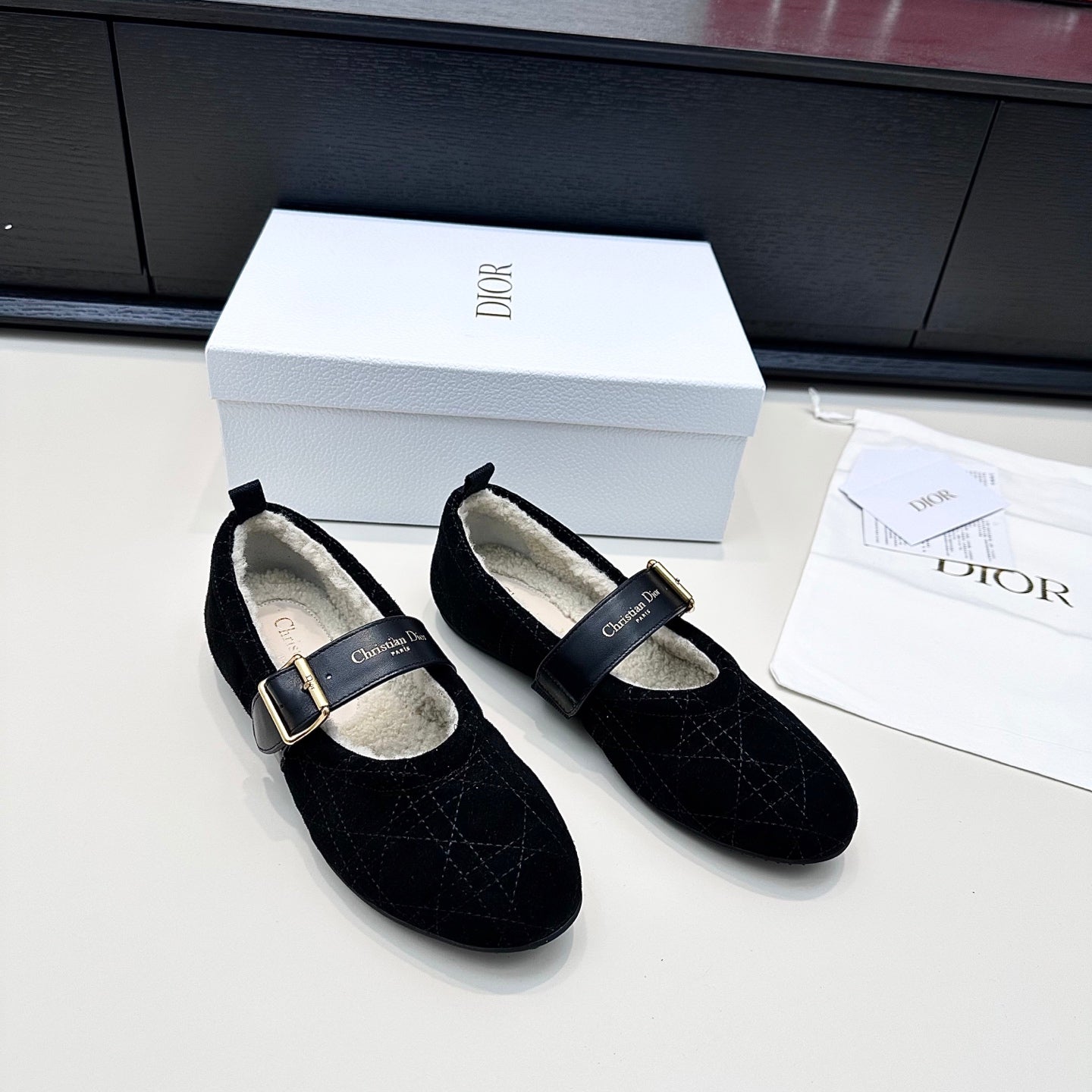 CD 26s Frost Ballet Flat In Black Cannage Suede And Calfskin