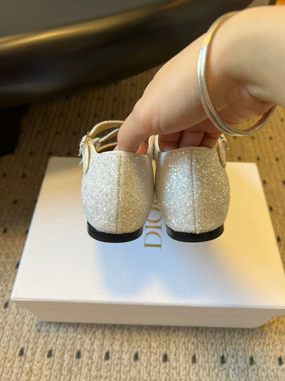 CD 26s New Flat Ballet Flats With Cross Straps White Glitter 622216