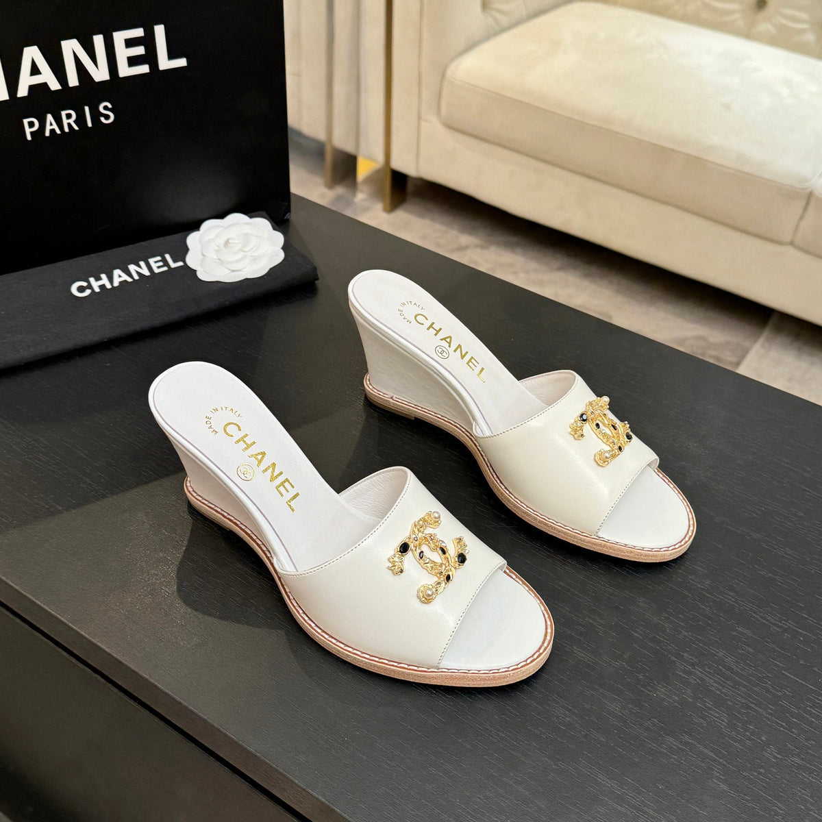 CC 2026 Wedge Sandals 65 Lambskin Gold Black Logo
