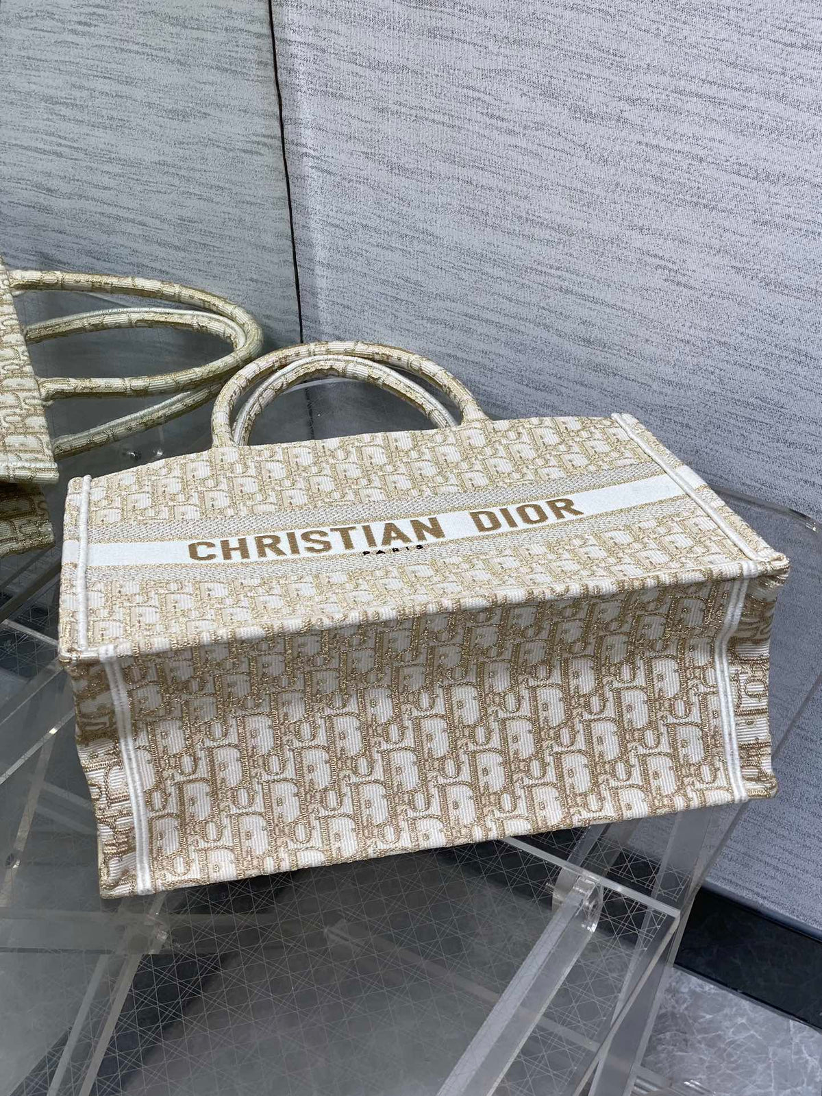 CD Medium Dior Book Tote White Beige Cotton Oblique Jacquard