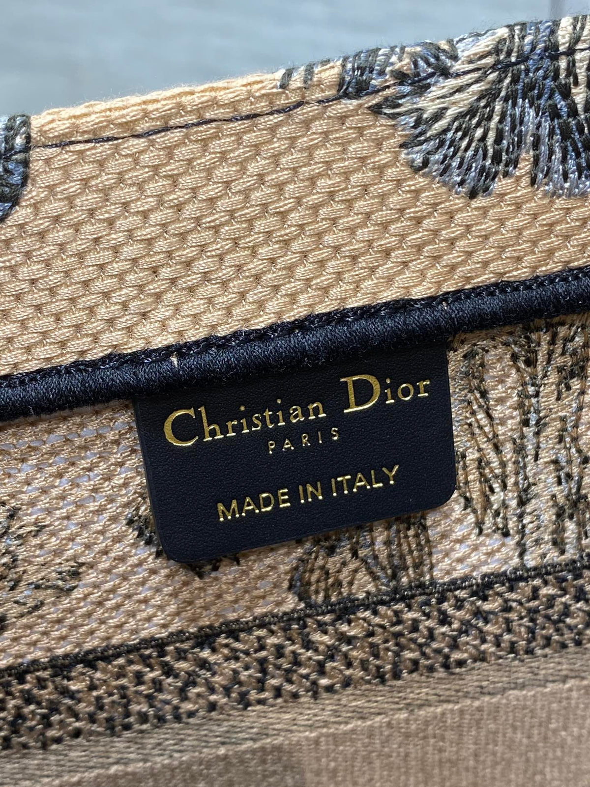 CD Small Dior Book Tote Tropical Pattern Black Beige Cotton