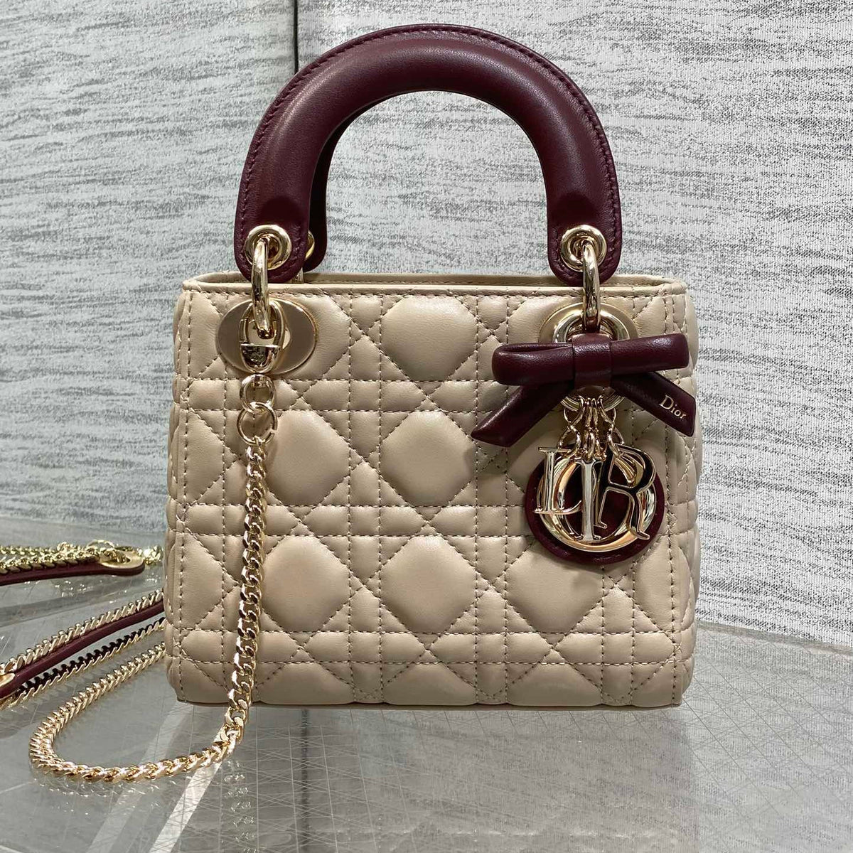 Dior 2026 Mini Lady Dior Bag Beige Burugndy Lambskin 286583