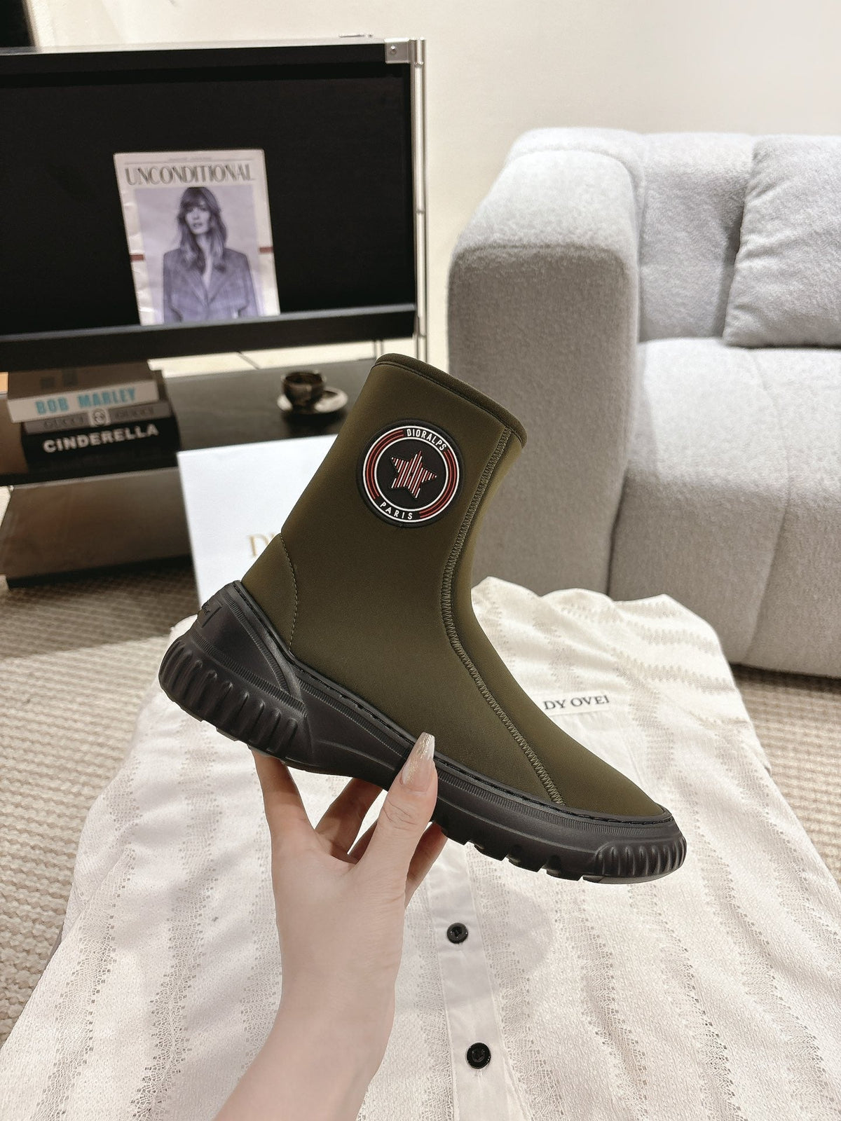 CD Ankle Boots Brown Moss Green Elastic Fabric