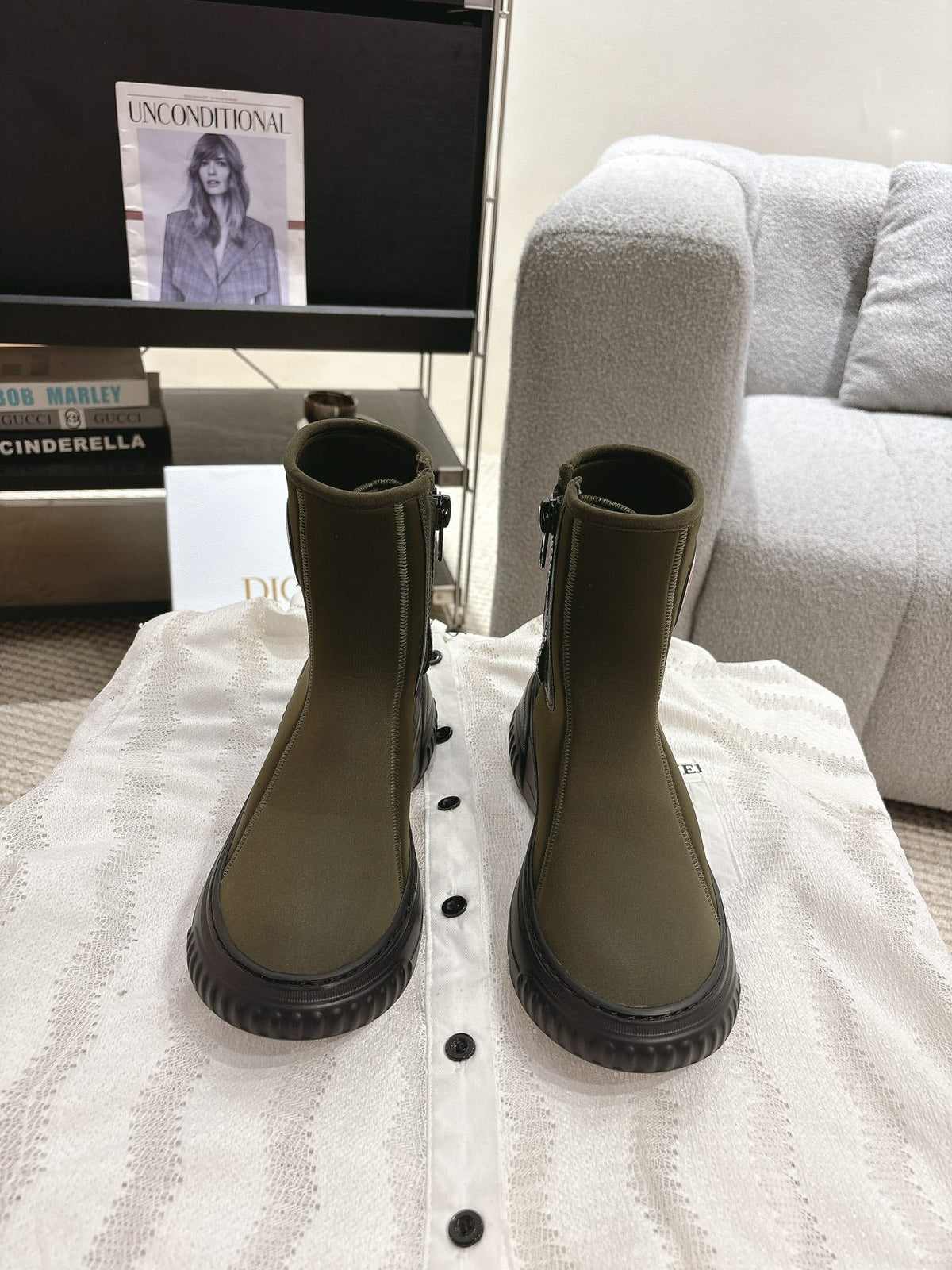CD Ankle Boots Brown Moss Green Elastic Fabric