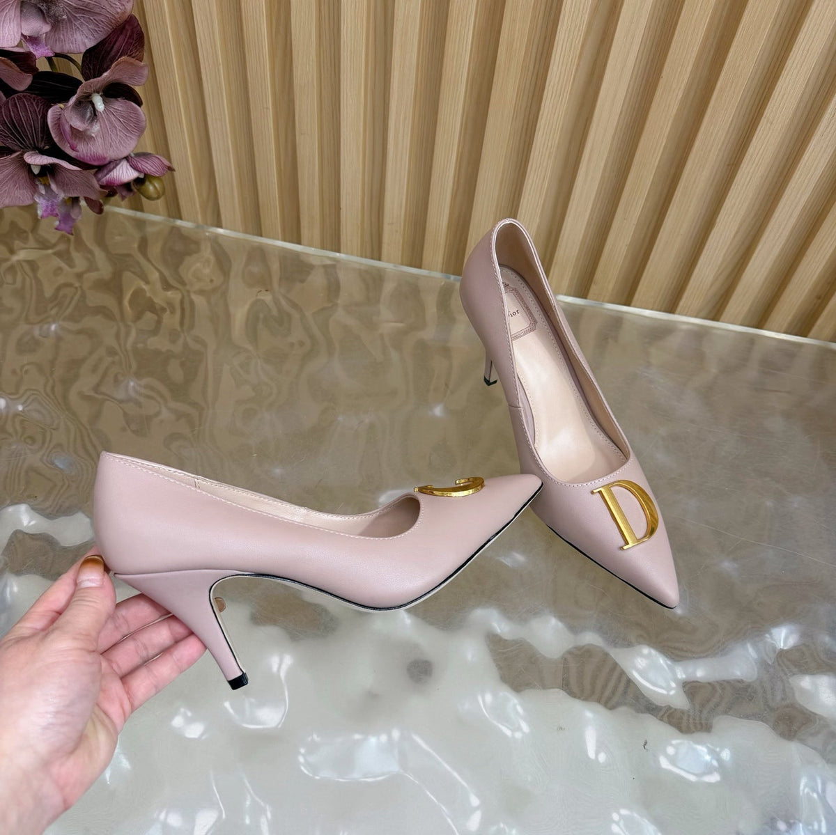 CD Buckle High-Heeled Elegant Shoes 85mm Dusty Rose Cowhide 537718