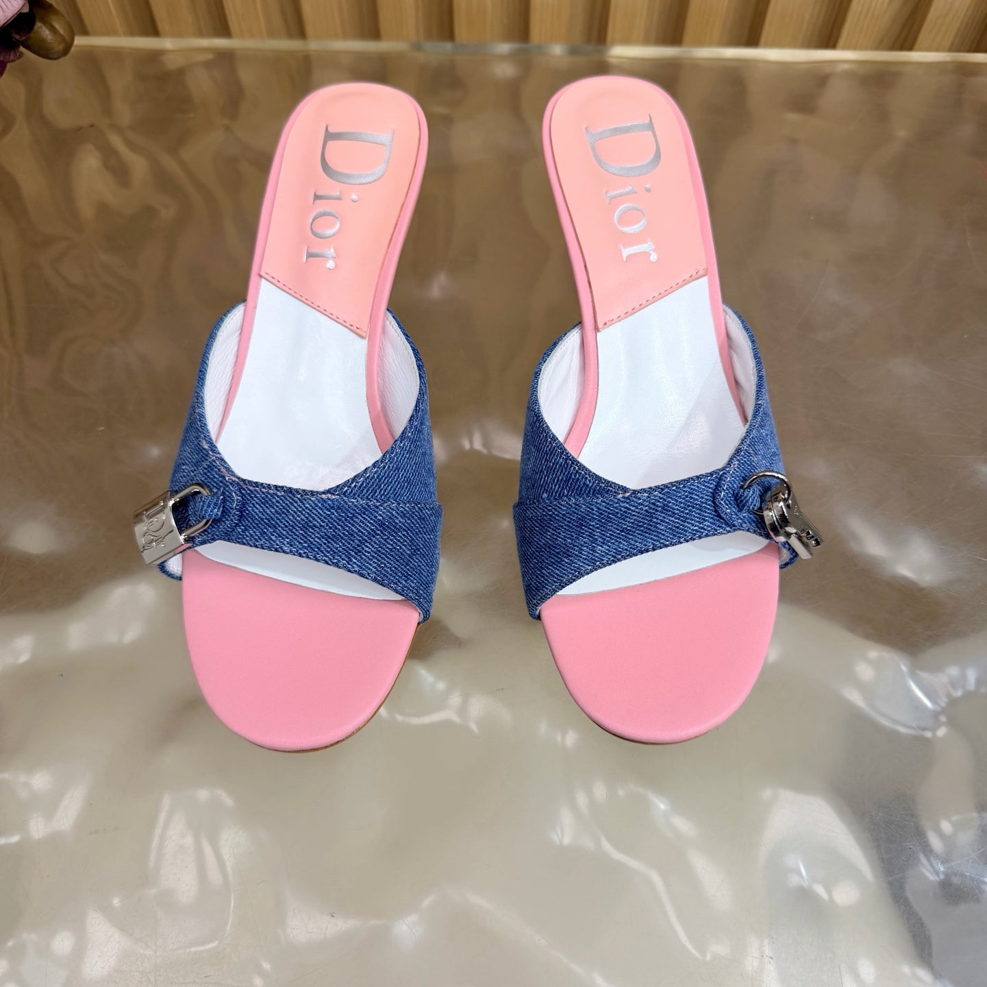 CD Half-Length Mule Heels Blue Pink Denim Leather 884812