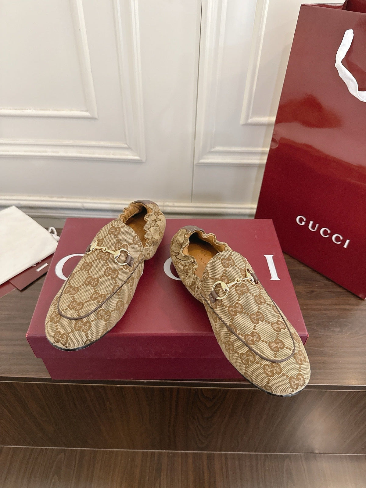 GG 26SS Loafers Beige Brown Monogram Canvas Leather 645954