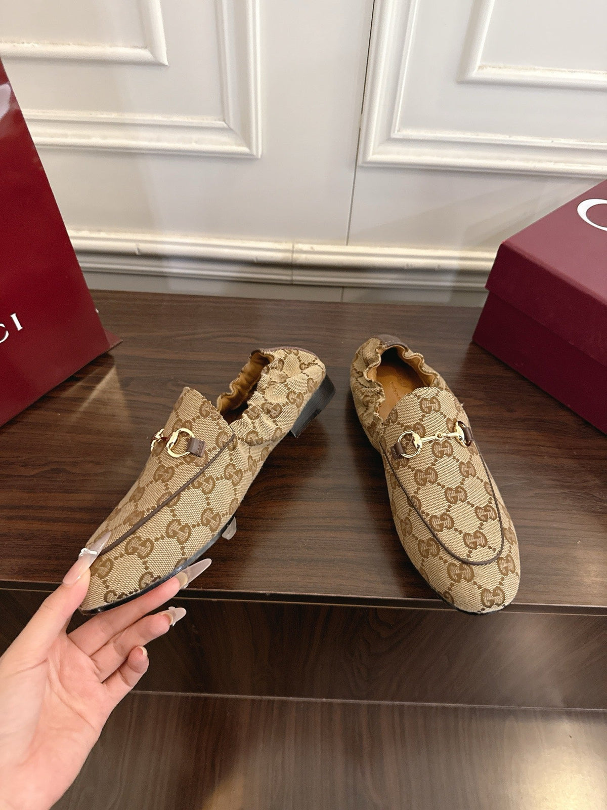 GG 26SS Loafers Beige Brown Monogram Canvas Leather 645954