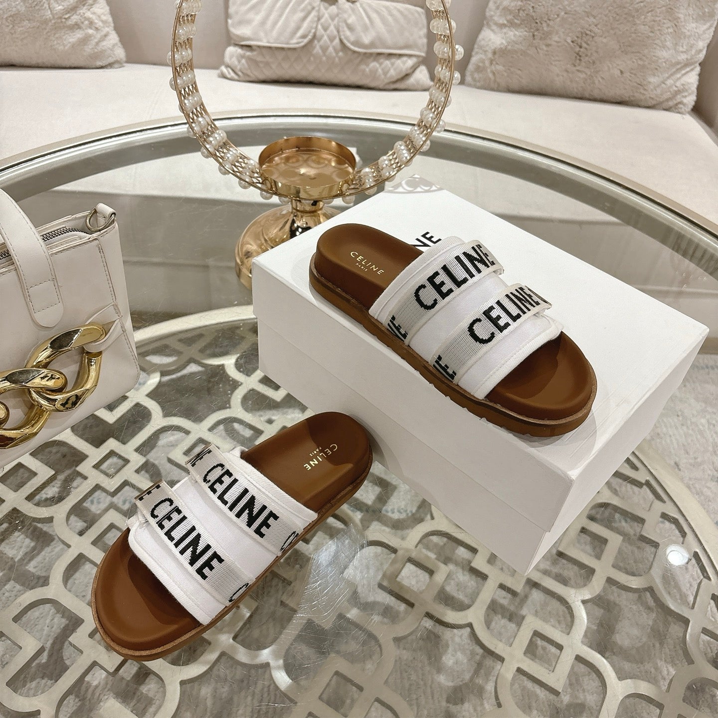Celine 26 Pitea Sandals Jacquard Cotton Fabric Leather 736580