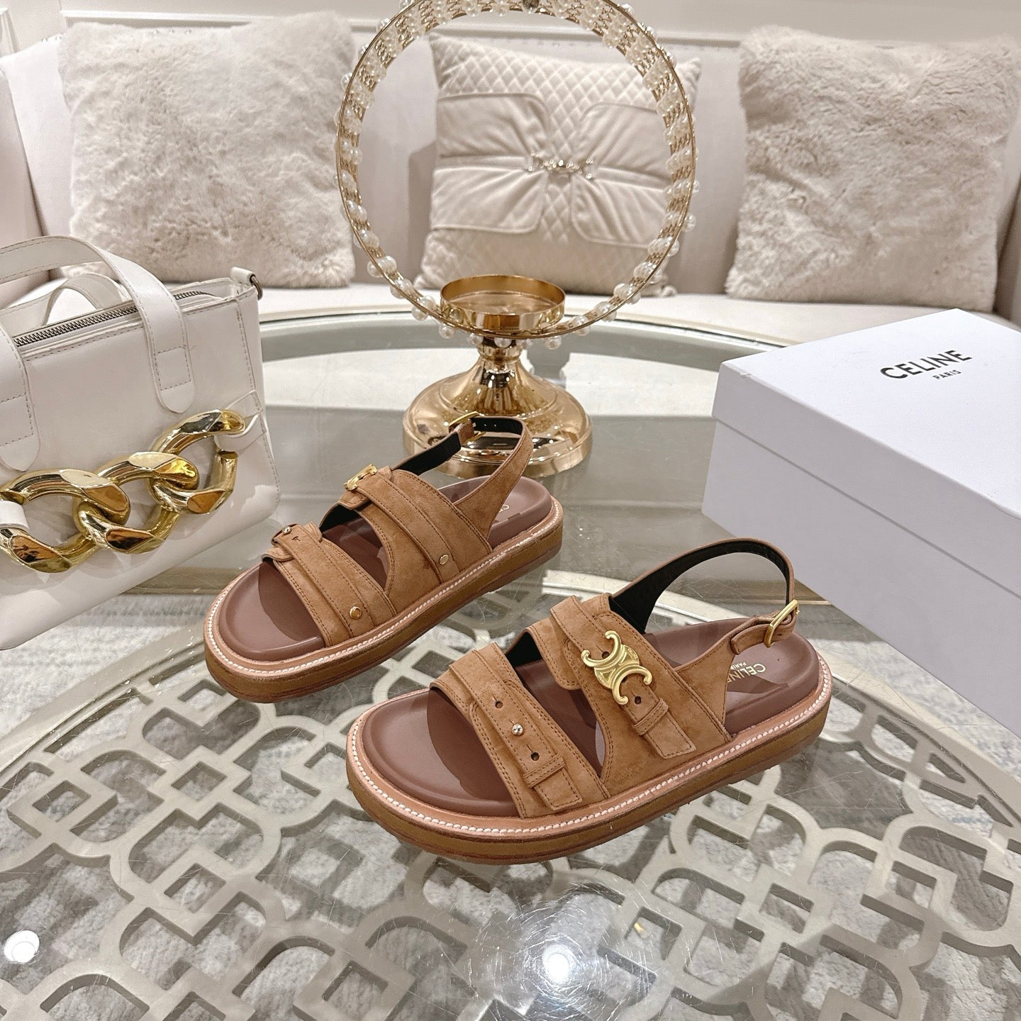 Celine 26 Tippi Triomphe Sandals In Suede Calfskin 736602