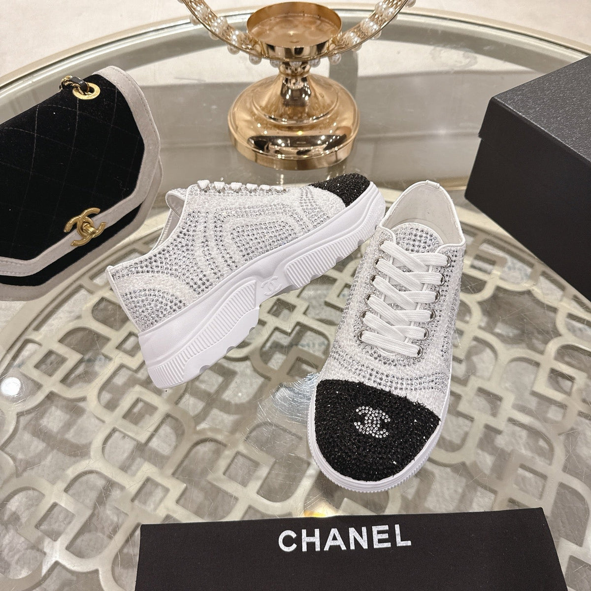 CC 26s Platform Sneakers White Black Rhinestone Sheepskin 627058