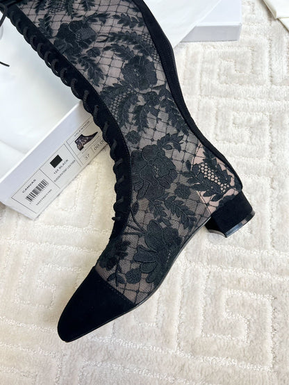 CD Naughtily-D Heeled High Boots Black Transparent Mesh Roses Embroidery And Suede