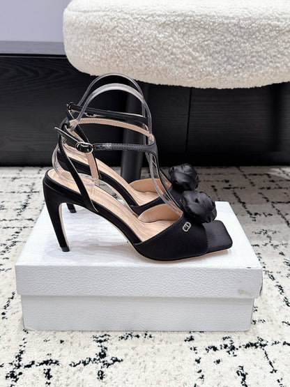 CD 26s Floral High-Heeled Sandals 9cm Black Satin 908242