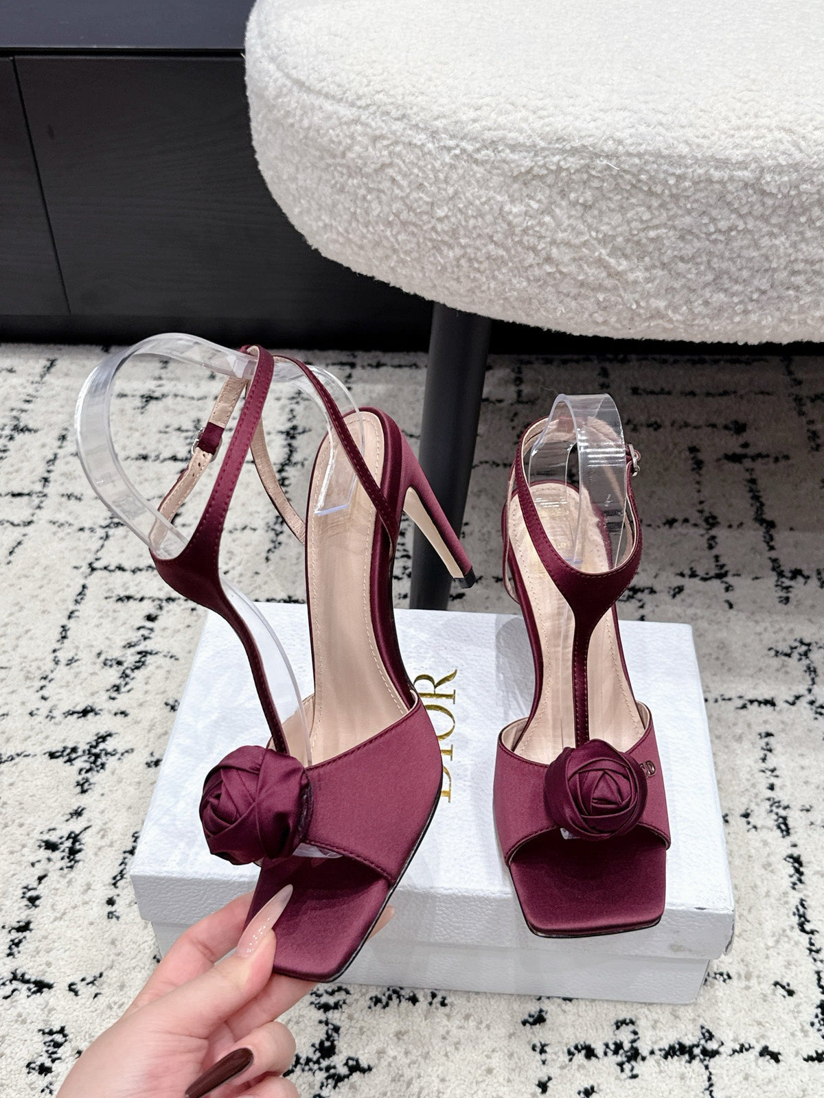 CD 26s Floral High-Heeled Sandals 9cm Burgundy Satin 908246