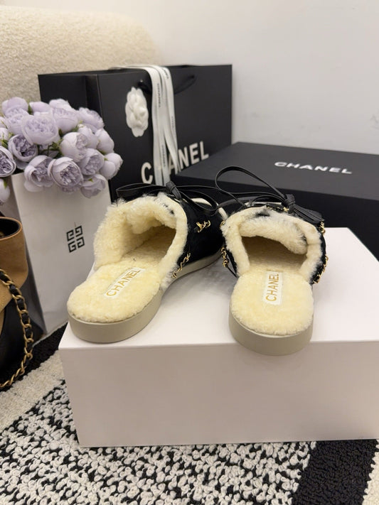 CC 26 Shearling Slip-on Loafer Black White Suede Wool 588718