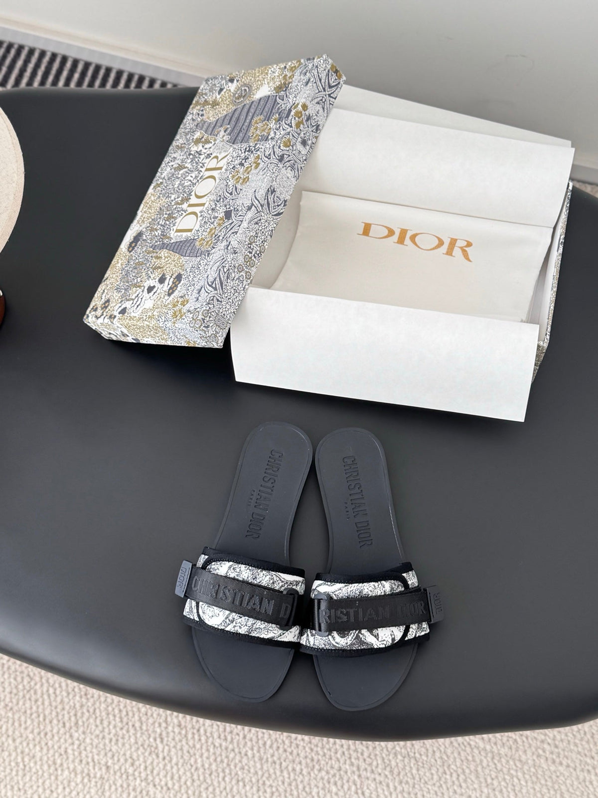 CD D-Wander Slide Black Dior Oblique Printed Technical Fabric 540691