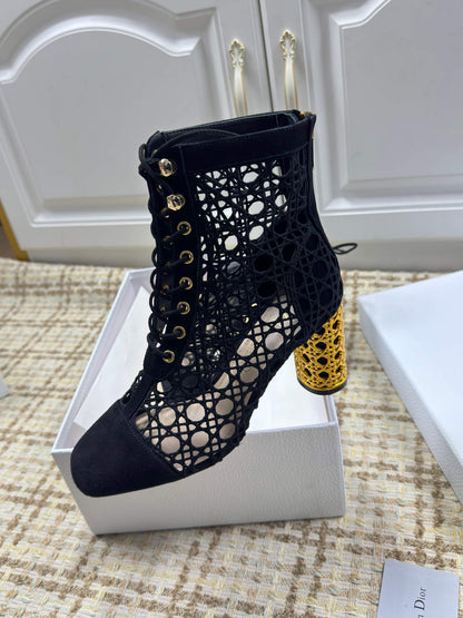 CD 26s Lace Up Ankle Boots 80mm In Black Openwork Lace Suede Gold Heel