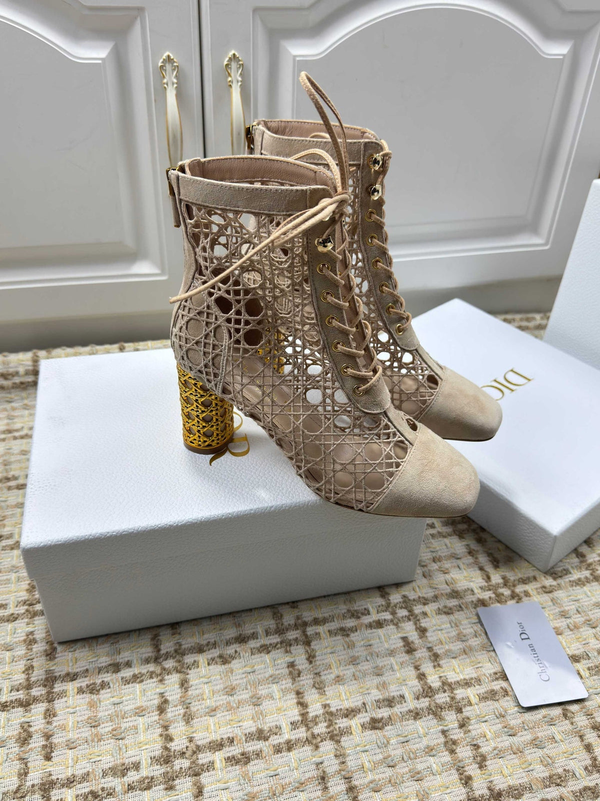 CD 26s Lace Up Ankle Boots 80mm In Beige Openwork Lace Suede Gold Heel