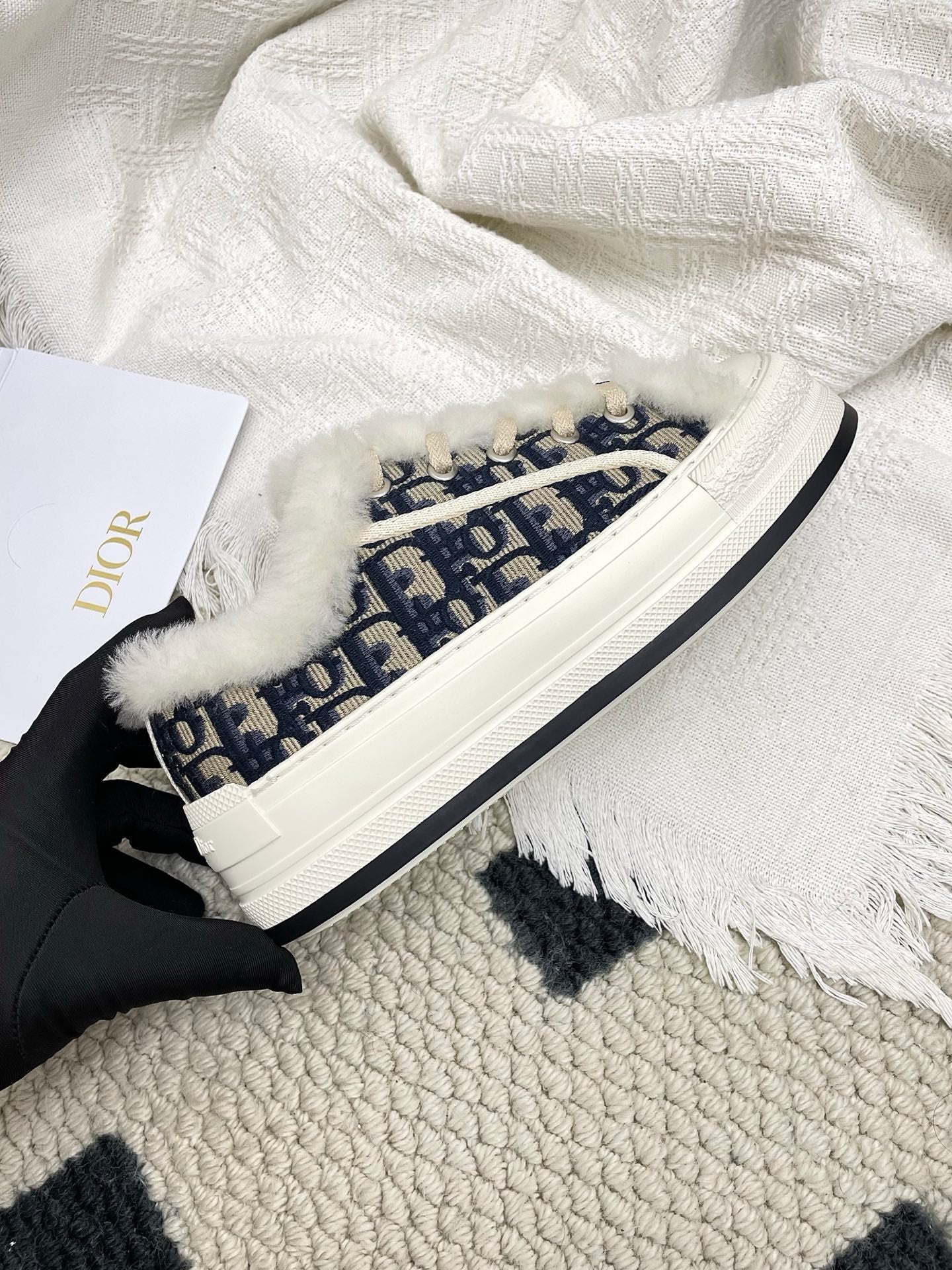 CD Walk'n Dior Platform Sneaker Black Beige Oblique Motif Fabric Wool